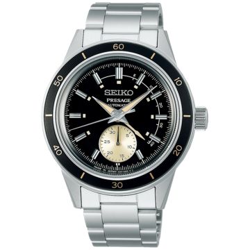 Zegarek męski Seiko Style 60’s SI SSA449J1z mechanizmem automatycznym, o czarnej tarczy z subtarczą z datownikiem na stalowej bransolecie w srebrnym kolorze
