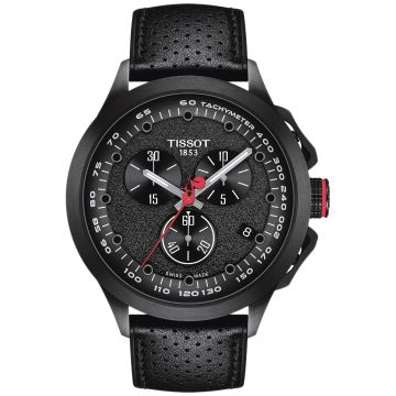 Męski zegarek sportowy TISSOT T135.417.37.051.01 z czarną tarczą na czarnym skórzanym pasku