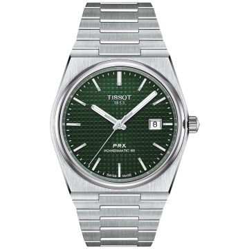 Zegarek TISSOT PRX POWERMATIC 80 T137.407.11.091.00 z zieloną tarczą i srebrną kopertą na stalowej bransolecie