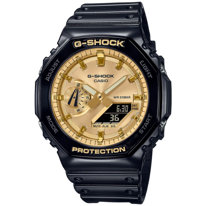 Zegarek męski Casio G-Shock GA-2100GB-1AER na pasku w czarnym kolorze ze złotą tarczą