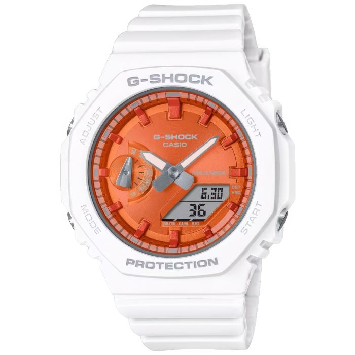 Zegarek damski G-Shock Octagon GMA-S2100WS-7AER Sparkle of Winter na białym pasku z pomarańczową tarczą