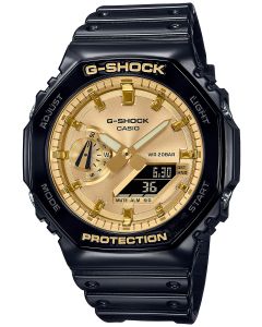 Zegarek męski Casio G-Shock GA-2100GB-1AER na pasku w czarnym kolorze ze złotą tarczą