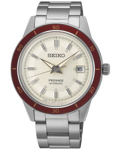 Zegarek męski Seiko Style 60’s SI SSK013J1 z mechanizmem automatycznym, o białej tarczy, z burgundowym bezelem na stalowej bransolecie w srebrnym kolorze