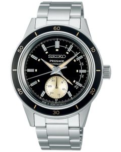 Zegarek męski Seiko Style 60’s SI SSA449J1z mechanizmem automatycznym, o czarnej tarczy z subtarczą z datownikiem na stalowej bransolecie w srebrnym kolorze
