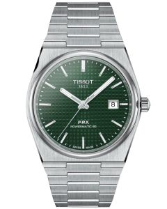 Zegarek TISSOT PRX POWERMATIC 80 T137.407.11.091.00 z zieloną tarczą i srebrną kopertą na stalowej bransolecie