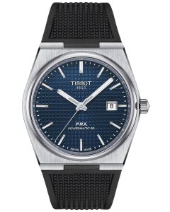 Zegarek TISSOT PRX POWERMATIC 80 T137.407.17.041.00  z niebieską tarczą, srebrną kopertą oraz czarnym paskiem