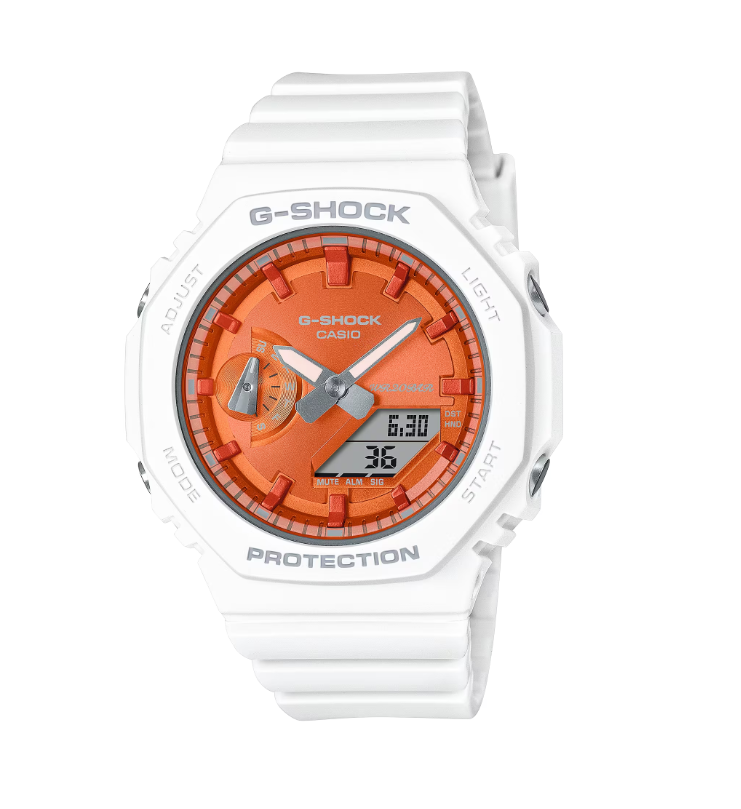 Zegarek damski G-Shock Octagon GMA-S2100WS-7AER Sparkle of Winter na białym pasku z pomarańczową tarczą