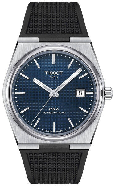 Zegarek TISSOT PRX POWERMATIC 80 T137.407.17.041.00  z niebieską tarczą, srebrną kopertą oraz czarnym paskiem