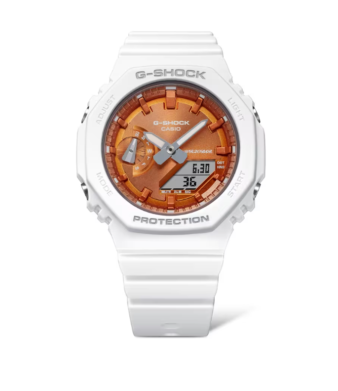 Zegarek damski G-Shock Octagon GMA-S2100WS-7AER Sparkle of Winter na białym pasku z pomarańczową tarczą