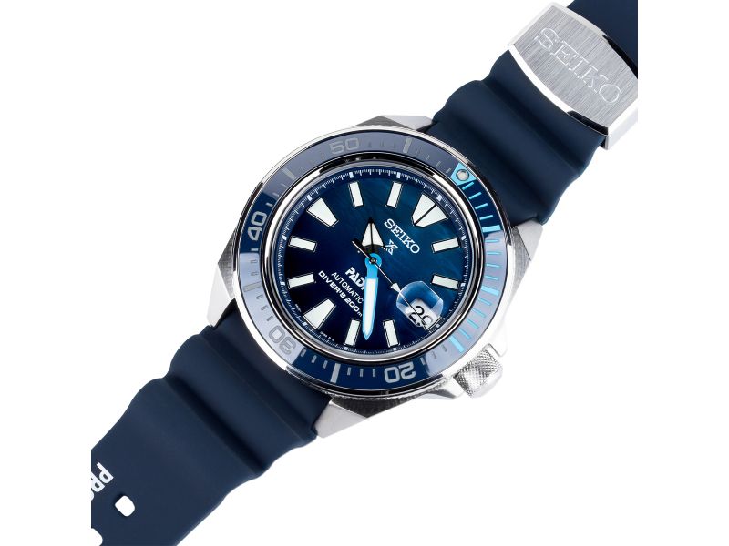 Odkryj zegarek męski Seiko Prospex Diver Samurai Automatic Padi Special Edition SI SRPJ93K1 z mechanizmem automatycznym oraz niebieską tarczą inspirowaną powierzchnią wody na pasku